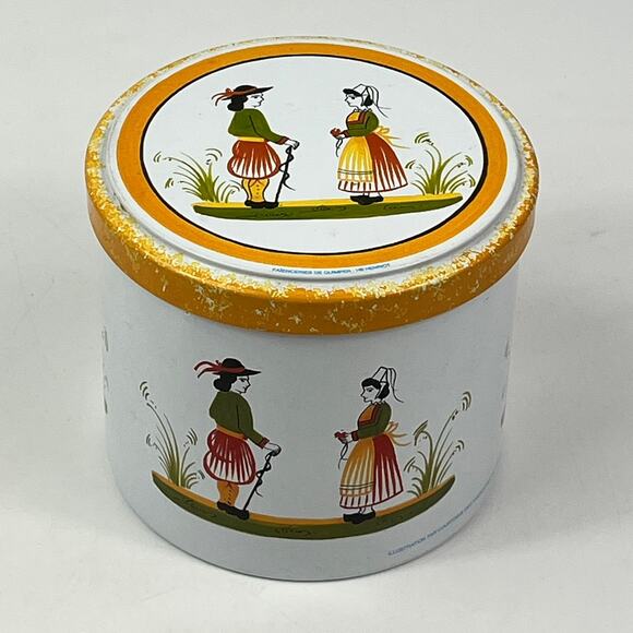 HB Henriot Other - HB Henriot Quimper Yellow Breton Biscuit Tin Massilly France Folk Art 4.5" Round